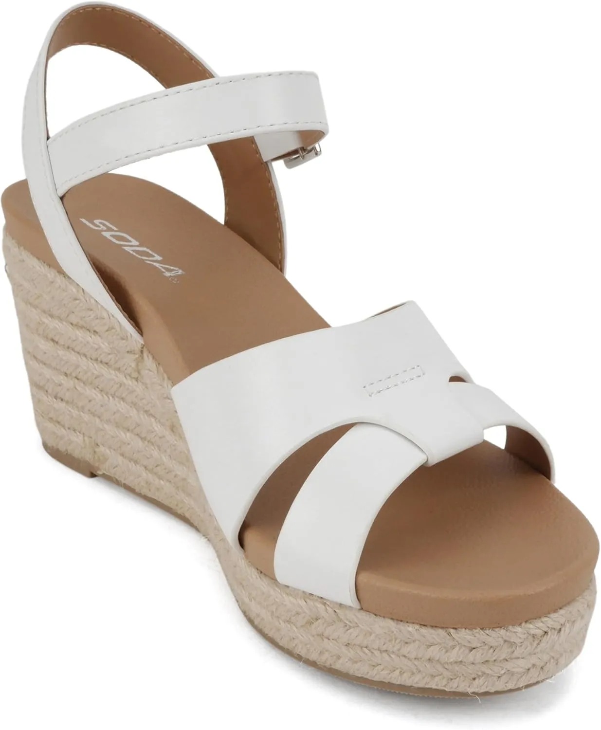 Soda “Front” ~ Women Round Toe Cross Band Low Heel Espadrille Wedge Sandal with Adjustable Ankle Strap