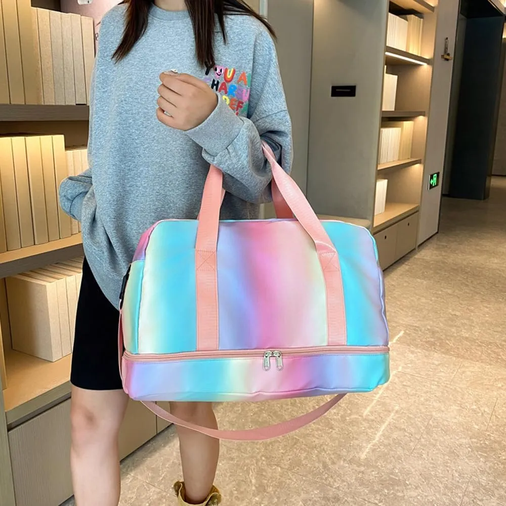 Sports Gym Bag with Shoes Compartment & Wet Pocket, Waterproof Overnight Bag Travel Bag Gymnastic bag Dance Bag for Girl, Weekend Bag for Women(gradient pink)