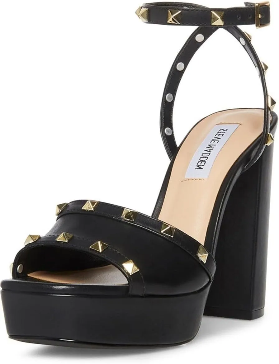 Steve Madden Tabari Black Leather Ankle Strap Open Toe Embellished Heeled Sandal