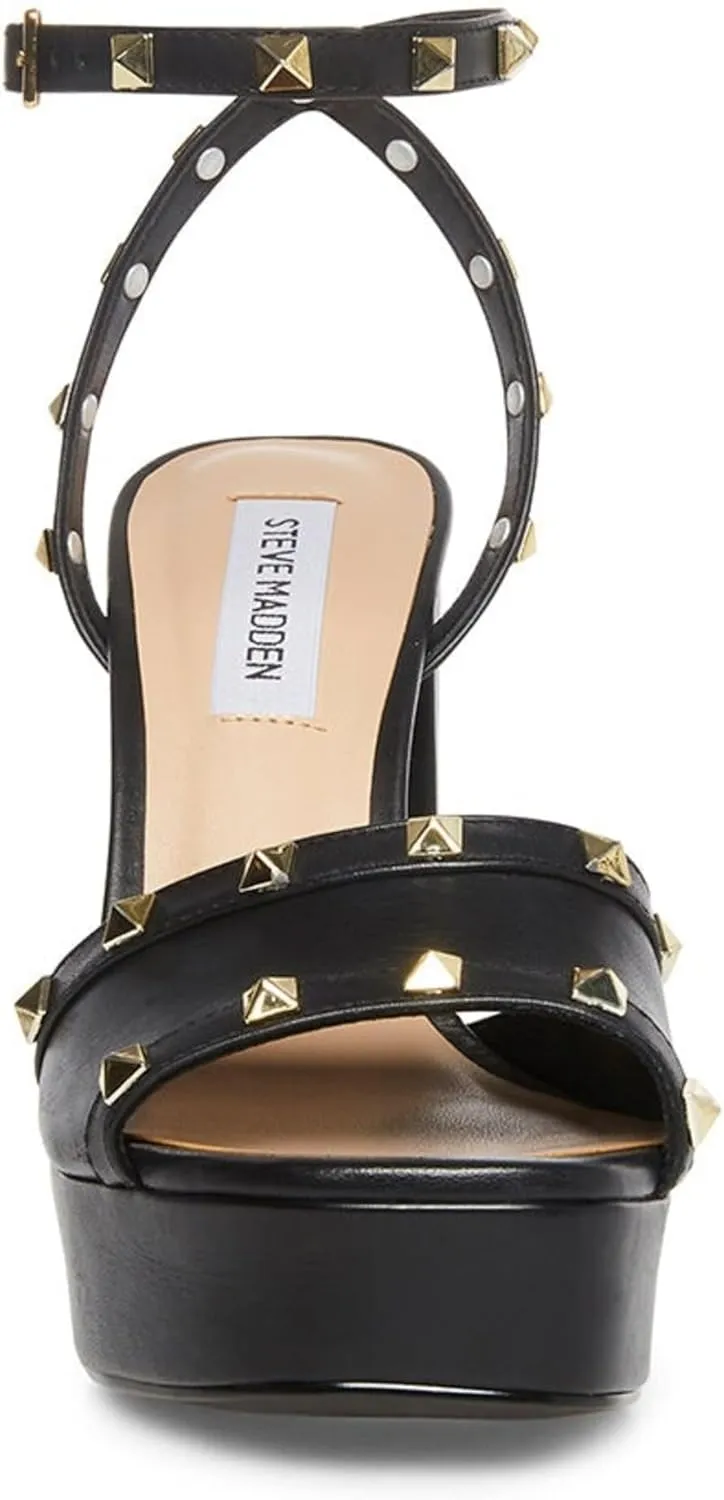 Steve Madden Tabari Black Leather Ankle Strap Open Toe Embellished Heeled Sandal