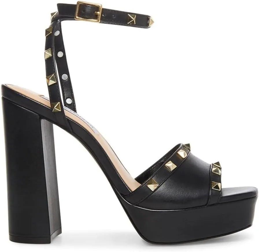 Steve Madden Tabari Black Leather Ankle Strap Open Toe Embellished Heeled Sandal
