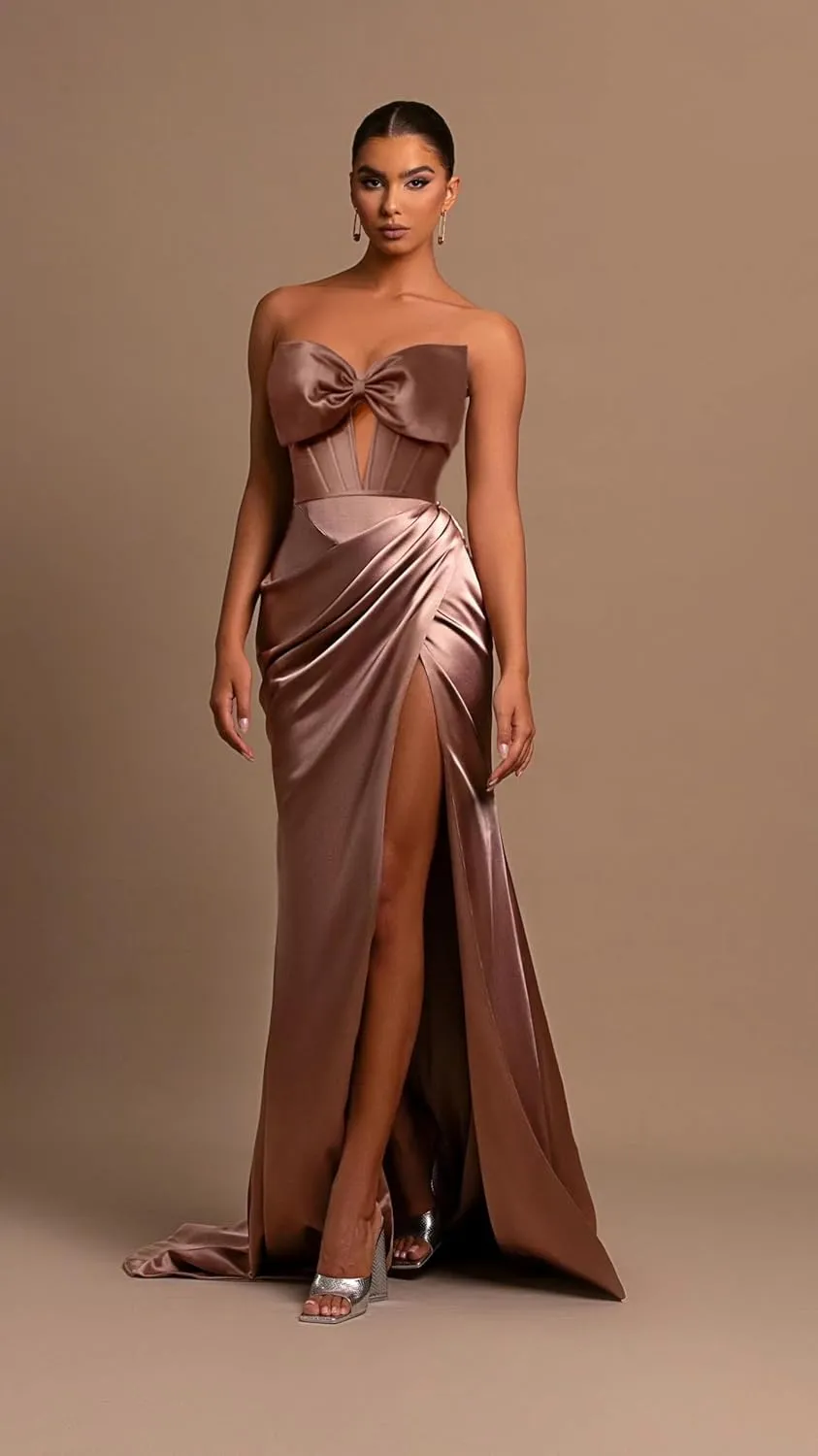 Strapless Bow Prom Dresses Long for Women 2025 Ruched Bow Dress with Slit Satin Formal Evening Gown for Party RO250