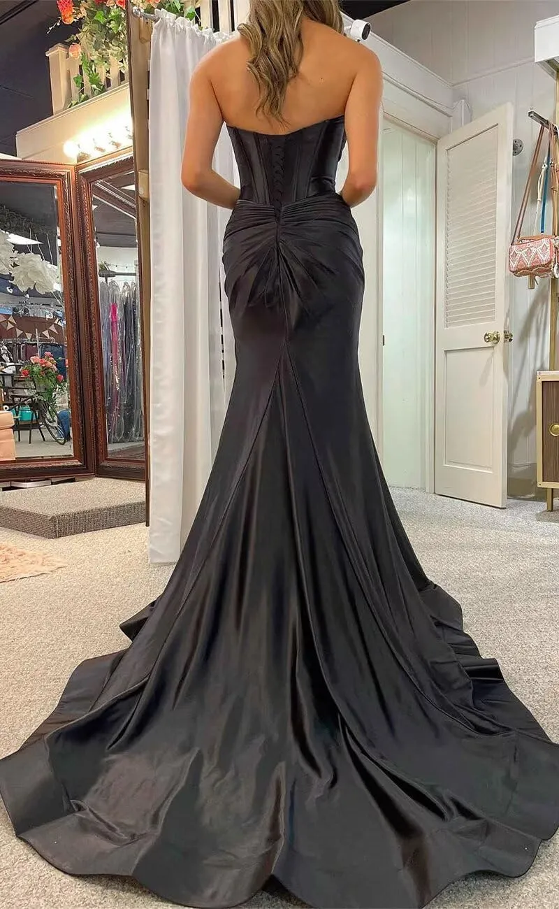 Strapless Bow Prom Dresses Long for Women 2025 Ruched Bow Dress with Slit Satin Formal Evening Gown for Party RO250