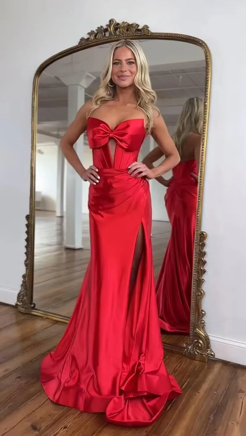 Strapless Bow Prom Dresses Long for Women 2025 Ruched Bow Dress with Slit Satin Formal Evening Gown for Party RO250