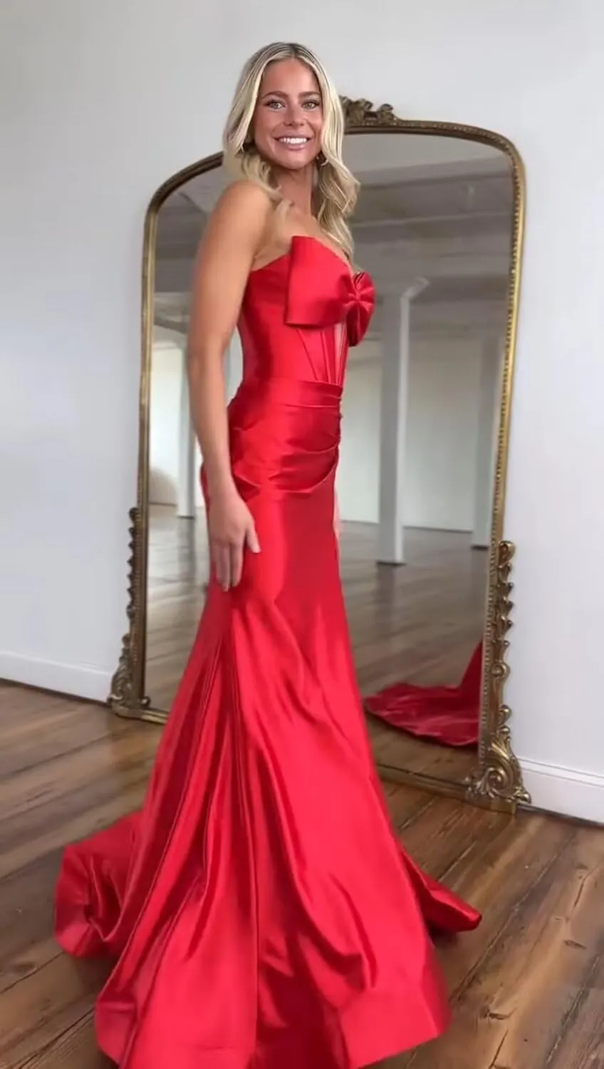 Strapless Bow Prom Dresses Long for Women 2025 Ruched Bow Dress with Slit Satin Formal Evening Gown for Party RO250