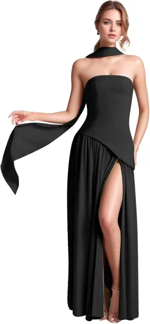 Strapless Chiffon Bridesmaid Dresses with Slit for Wedding 2025 A Line Pleated Formal Evening Gowns with Scarf