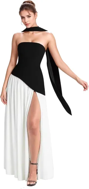 Strapless Chiffon Bridesmaid Dresses with Slit for Wedding 2025 A Line Pleated Formal Evening Gowns with Scarf