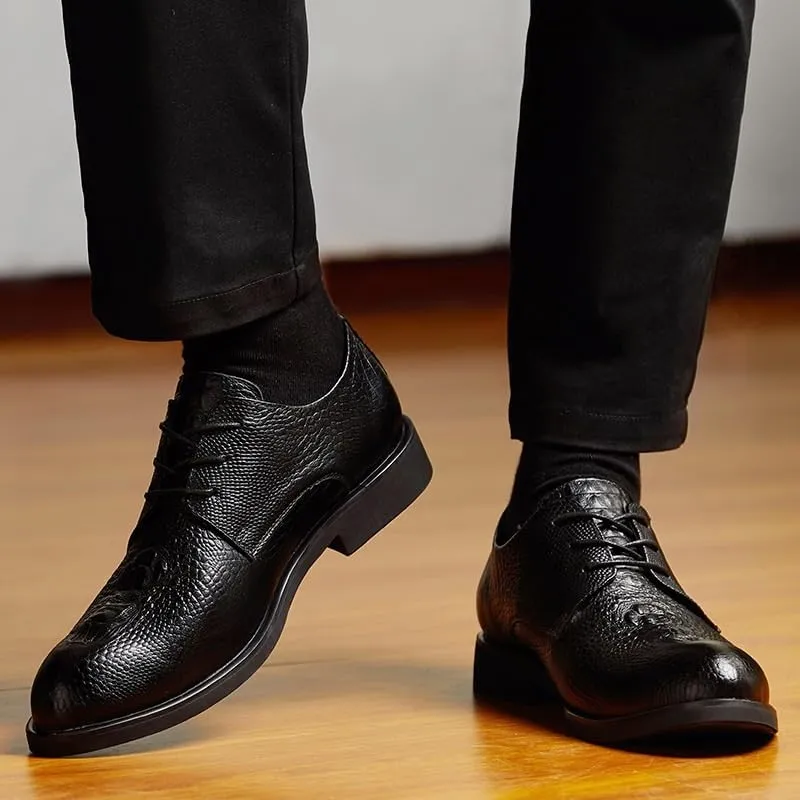 Stylish Luxury Men's Leather Shoes, Handmade Lace-Up Round Toe Dress Shoes for Wedding, Office & Business, Crocodile Pattern Oxford