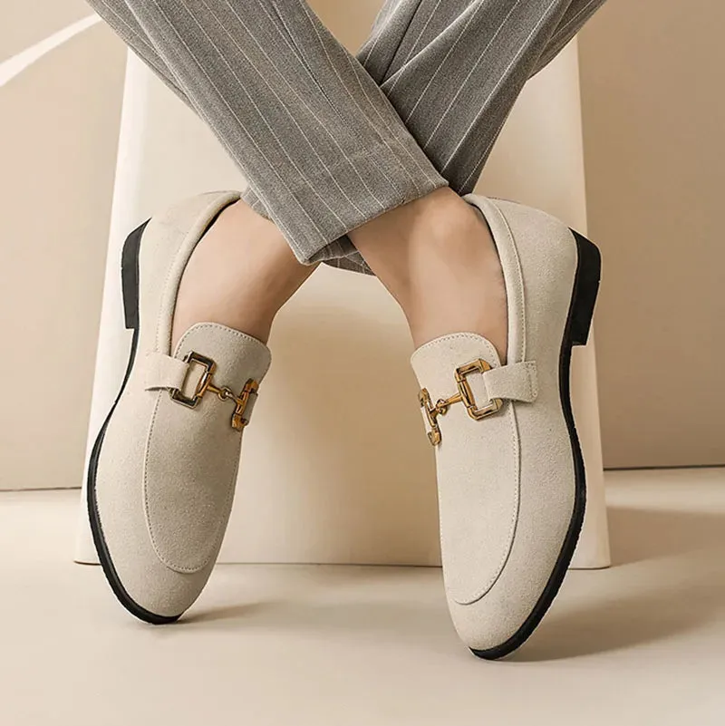 Suede loafer with metal buckle detail