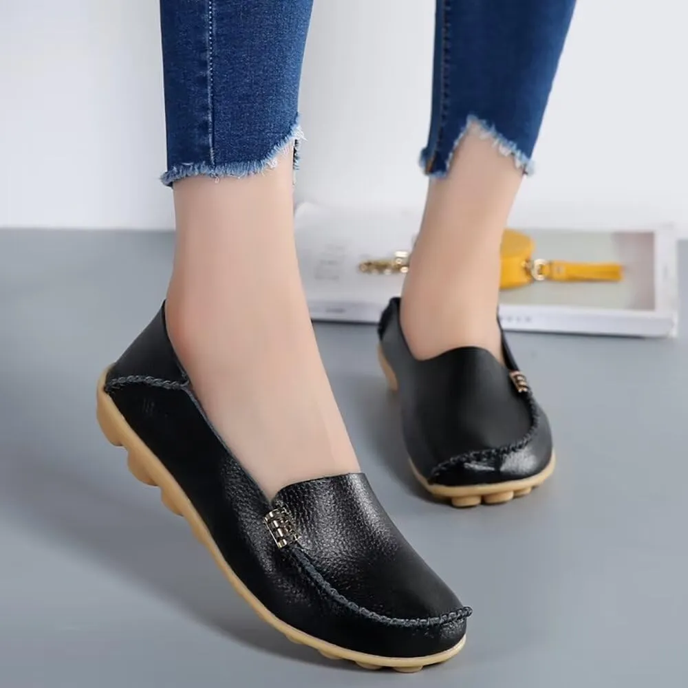 Sunporx Women's Driving Loafers Leather Comfortable Moccasins Breathable Slip On Nurse Loafer Round Toe Wild Walking Fashion Soft Shoes