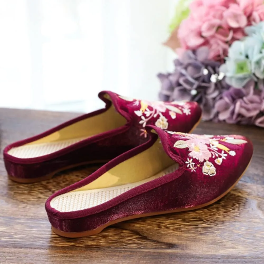 TangDao Women's Embroidered Backless Pointed Toe Slip On Loafers Comfortable Flats Embroidery Mule Slippers Shoes