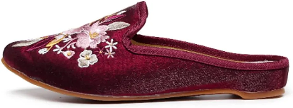 TangDao Women's Embroidered Backless Pointed Toe Slip On Loafers Comfortable Flats Embroidery Mule Slippers Shoes