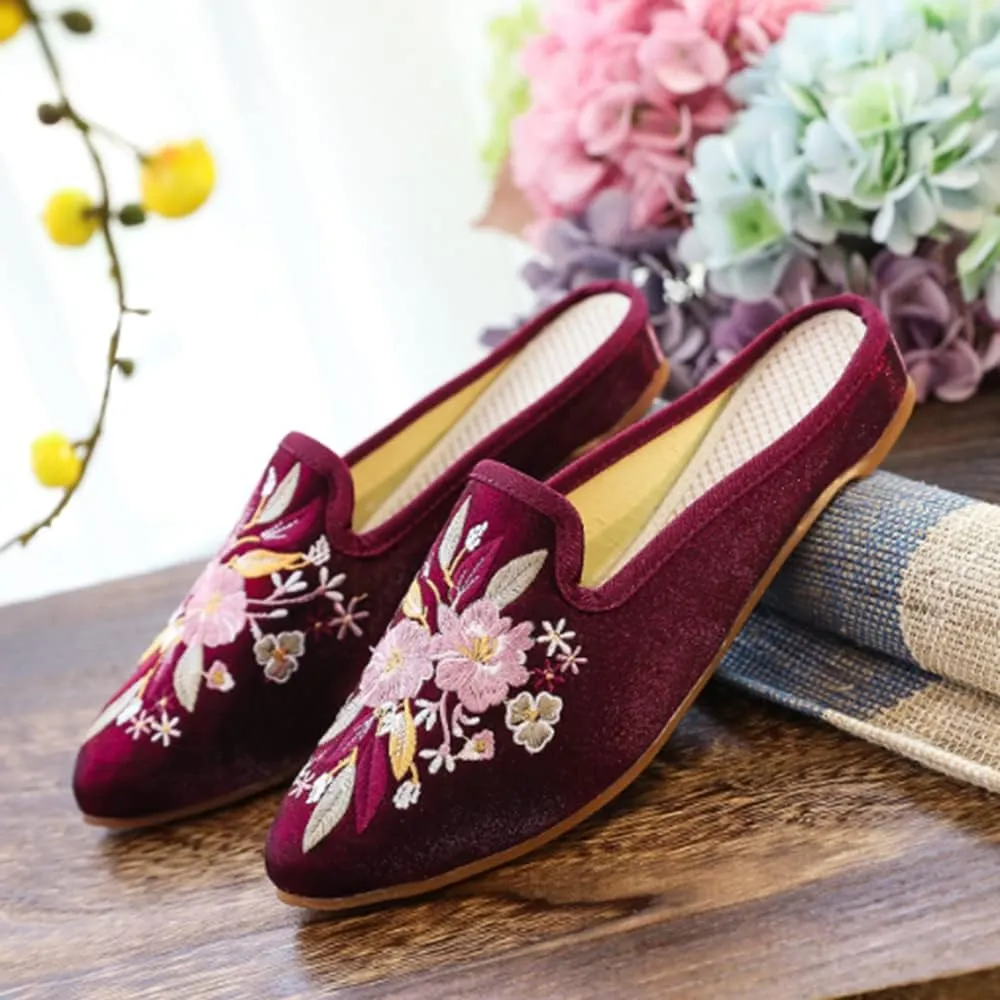 TangDao Women's Embroidered Backless Pointed Toe Slip On Loafers Comfortable Flats Embroidery Mule Slippers Shoes