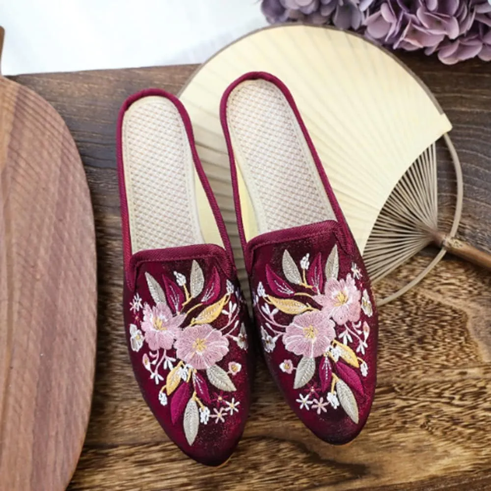 TangDao Women's Embroidered Backless Pointed Toe Slip On Loafers Comfortable Flats Embroidery Mule Slippers Shoes