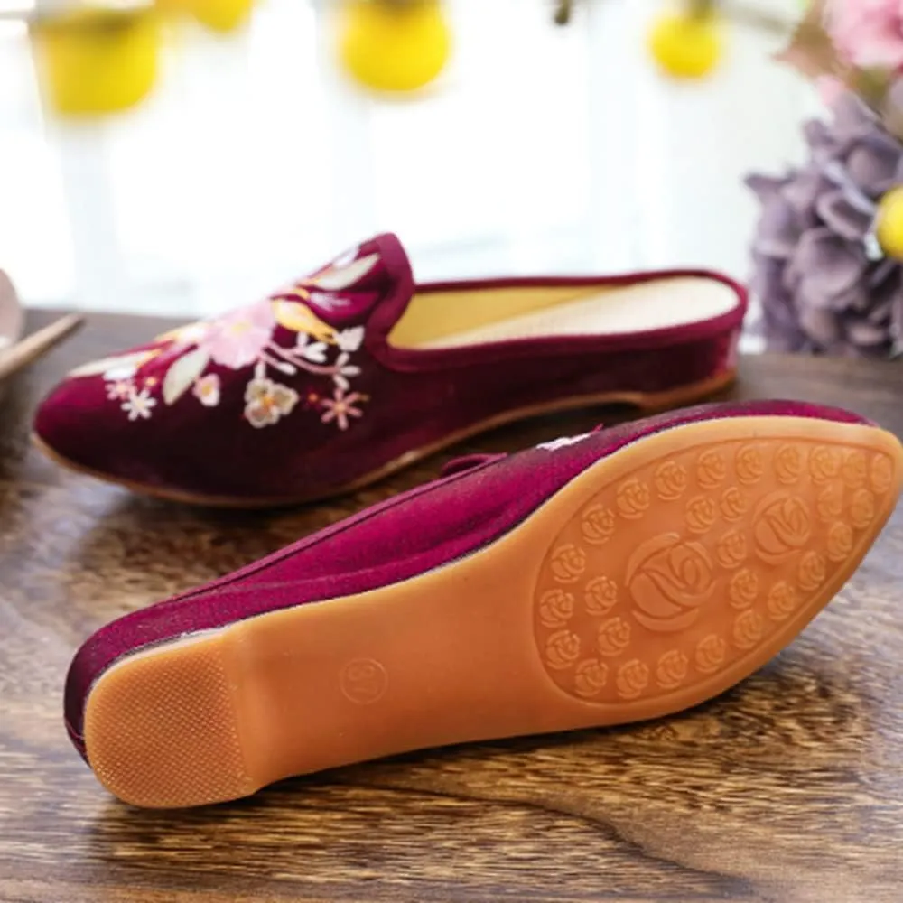 TangDao Women's Embroidered Backless Pointed Toe Slip On Loafers Comfortable Flats Embroidery Mule Slippers Shoes