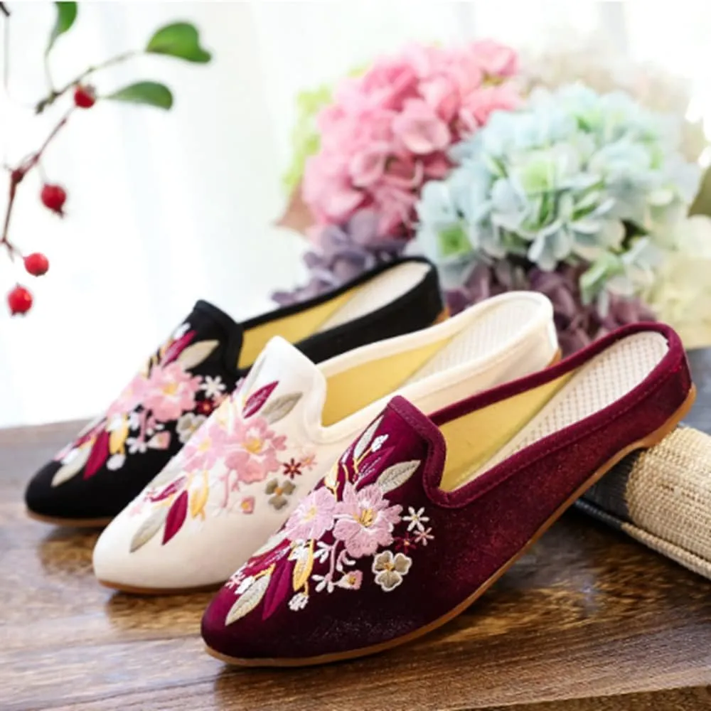TangDao Women's Embroidered Backless Pointed Toe Slip On Loafers Comfortable Flats Embroidery Mule Slippers Shoes