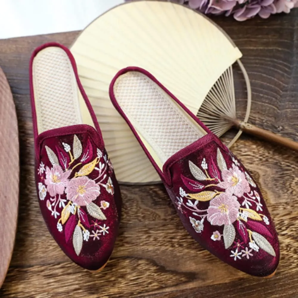 TangDao Women's Embroidered Backless Pointed Toe Slip On Loafers Comfortable Flats Embroidery Mule Slippers Shoes