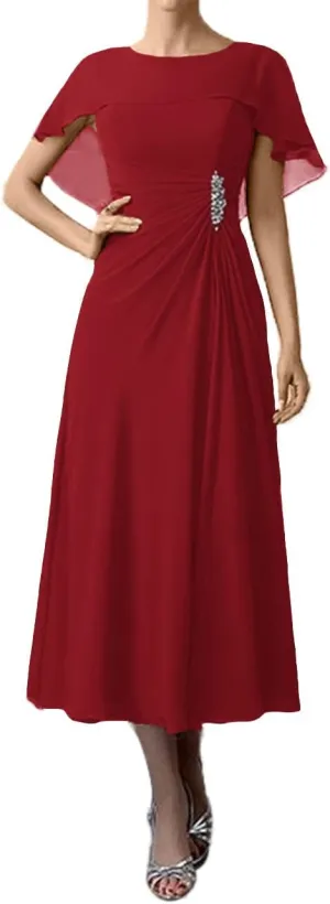 Tea Length Mother of The Bride Dresses Chiffon Evening Formal Dress Cloak Women's