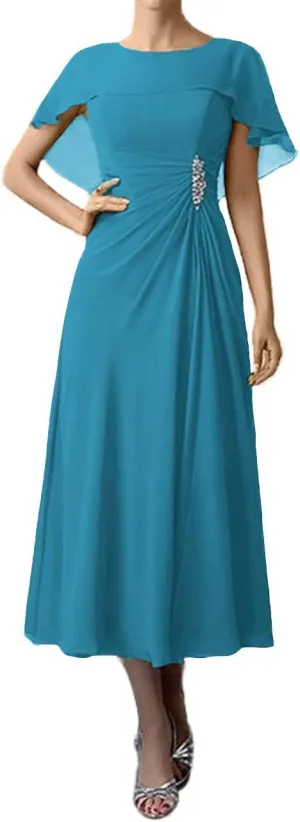 Tea Length Mother of The Bride Dresses Chiffon Evening Formal Dress Cloak Women's