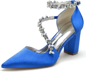 TNXZ Women's Pointed Toe High Heels Pump Shoes Ankle Strap High Block Heel Business Wedding Dress Shoes