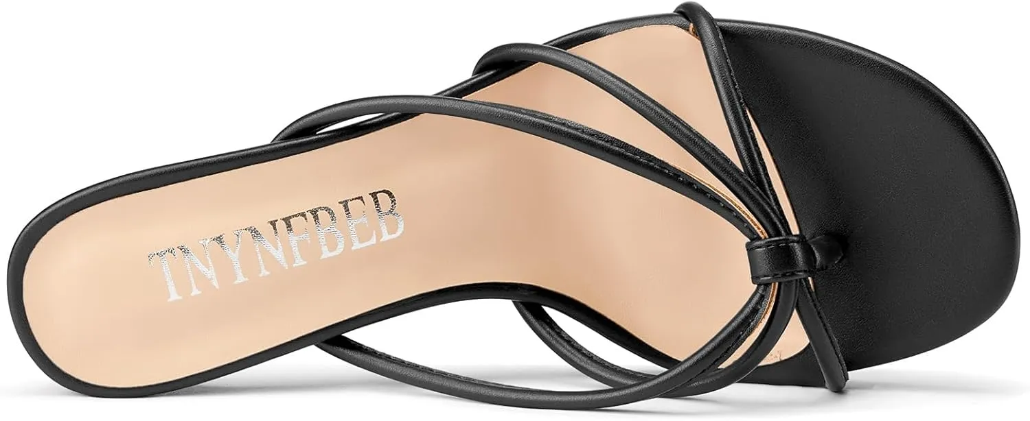 TNYNFBEB Women's Round Toe Flip Flop Strappy Mule Heels Slip-on Kitten Heel Thong Sandals Summer Dress Shoes 2.6 Inches