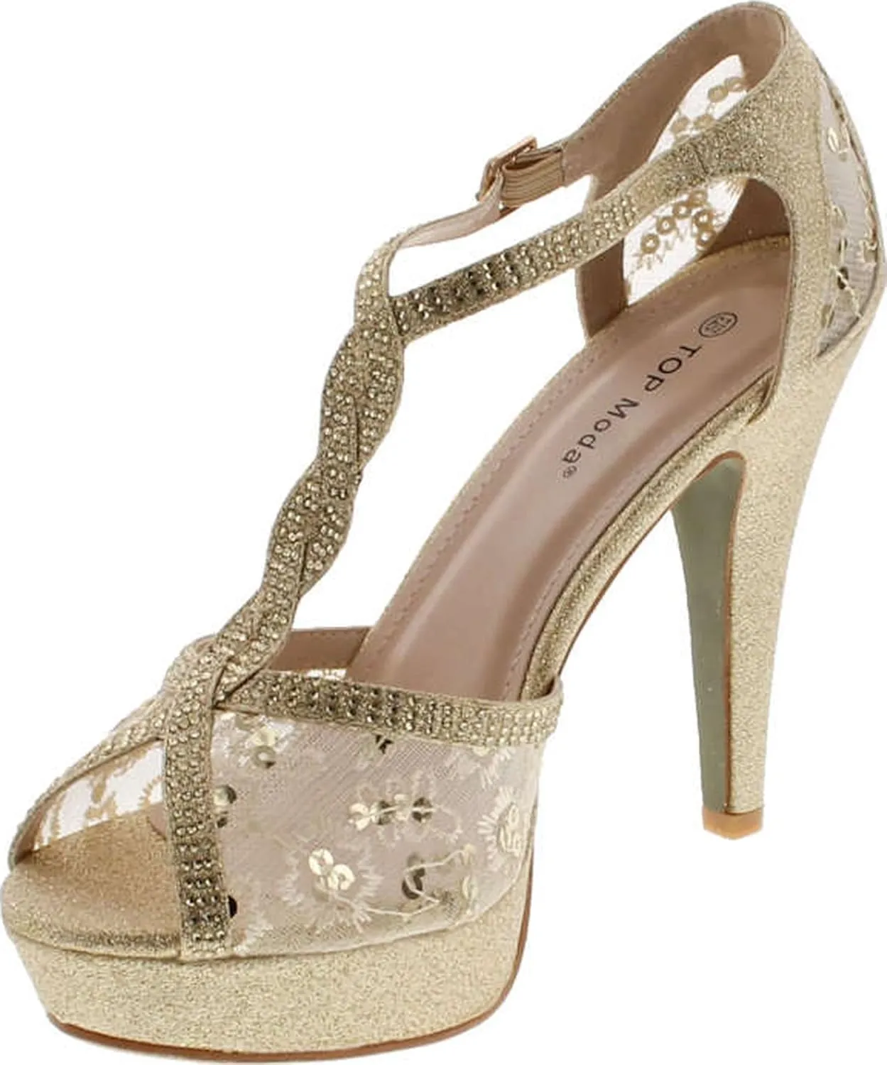 Top Moda Womens Hy5 Formal Evening Party Lace Ankle T-Strap Peep Toe Stiletto High Heel Pumps