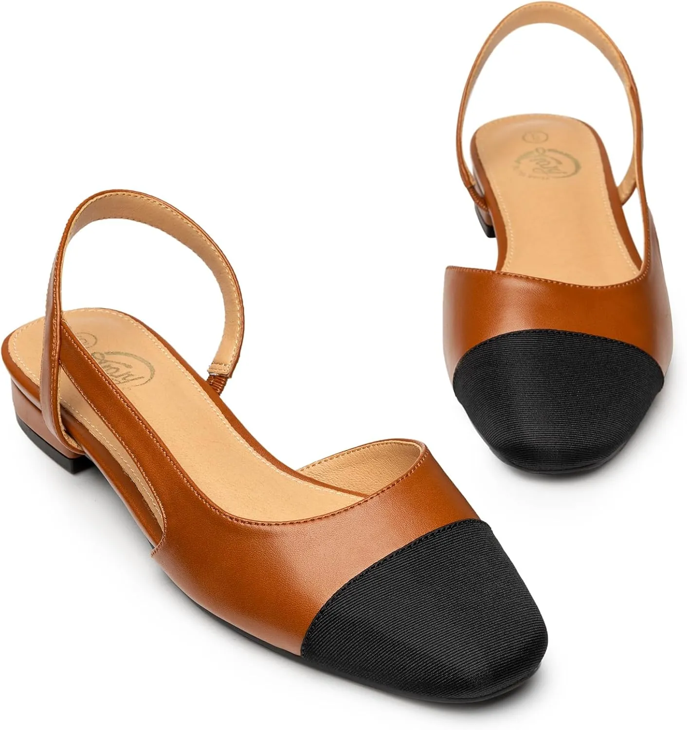 Trary Slingback Flats for Women, Black Dressy Comfortable Round Square Toe Shoes, Work Office Casual Ankle Strap Dress Flats