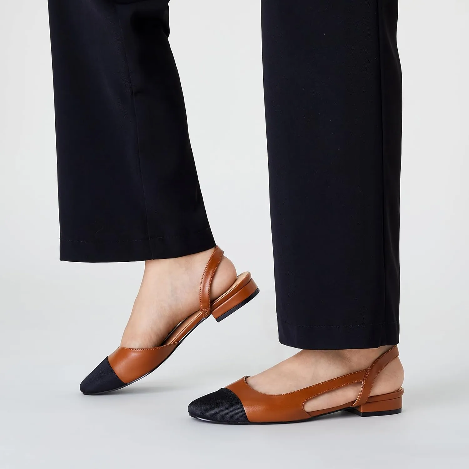 Trary Slingback Flats for Women, Black Dressy Comfortable Round Square Toe Shoes, Work Office Casual Ankle Strap Dress Flats
