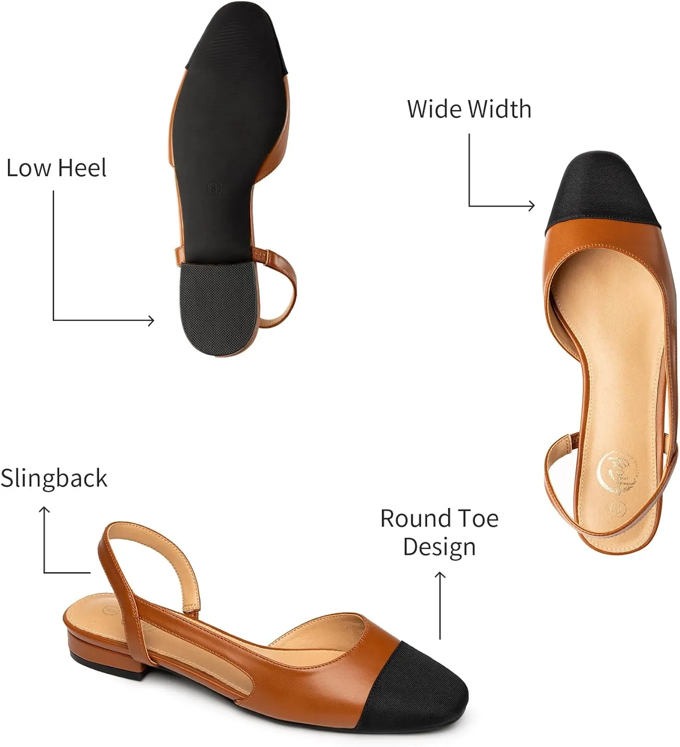 Trary Slingback Flats for Women, Black Dressy Comfortable Round Square Toe Shoes, Work Office Casual Ankle Strap Dress Flats