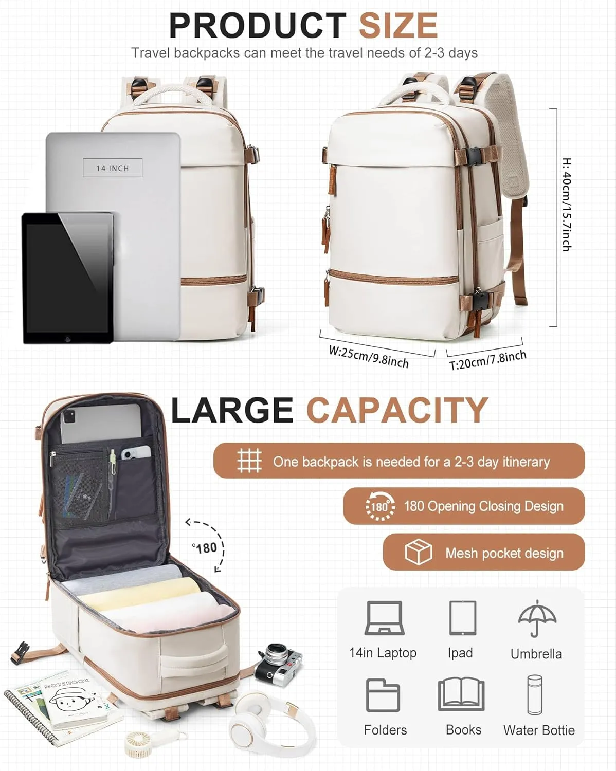 Travel Backpack for Women Men, Flight Approved Carry on Backpack with Shoe Compartment, Waterproof Laptop Backpack Personal Item Travel Bag - Ideal for Weedender, Hiking, Sport & Gym, Beige with Brown