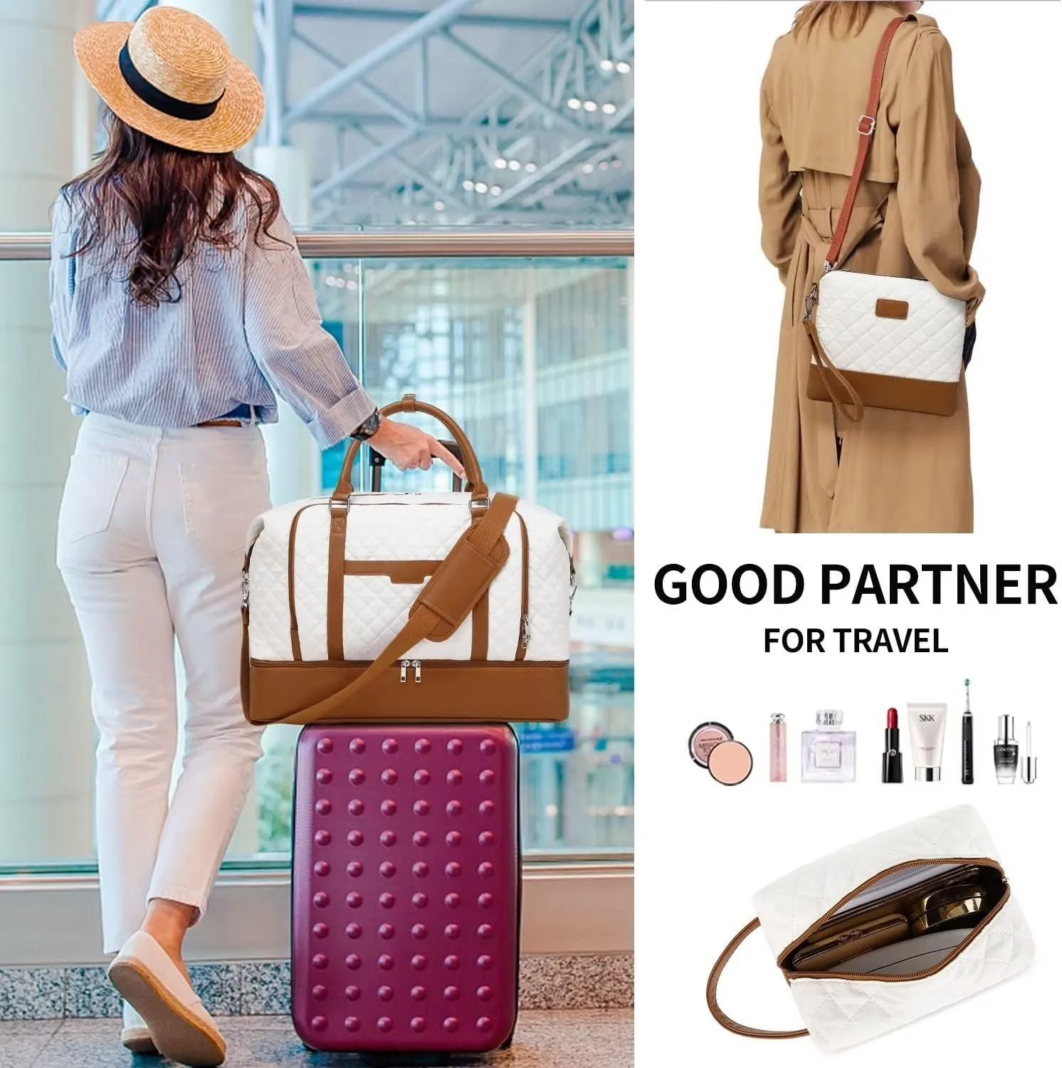 Travel Bag for Women: 21" Large Weekender Bags for Women with Shoe Compartment & Toiletry Bags, 3PCS Overnight Duffel Tote for Carry on Weekend Travel Business Trip Airplane Traveling, Gym