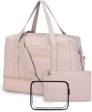 Travel Duffle Bag, BAGSMART 3 Pcs Set Weekender Overnight Bag for Women with Makeup Bag & Clear Toiletry Bag, Carry On Bag with Shoe Compartment for Travel, Business Trips(Pink)