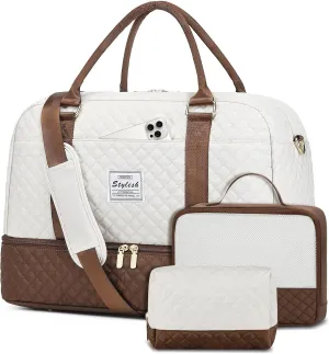 Travel Duffle Bag Weekender for Women: Travel Duffel Bag Carry-On Overnight Bag with Shoe Compartment & Wet Pocket Large Weekend Tote Bag with Toiletry Bags Gym Duffel Bag for Hospital Beige Brown