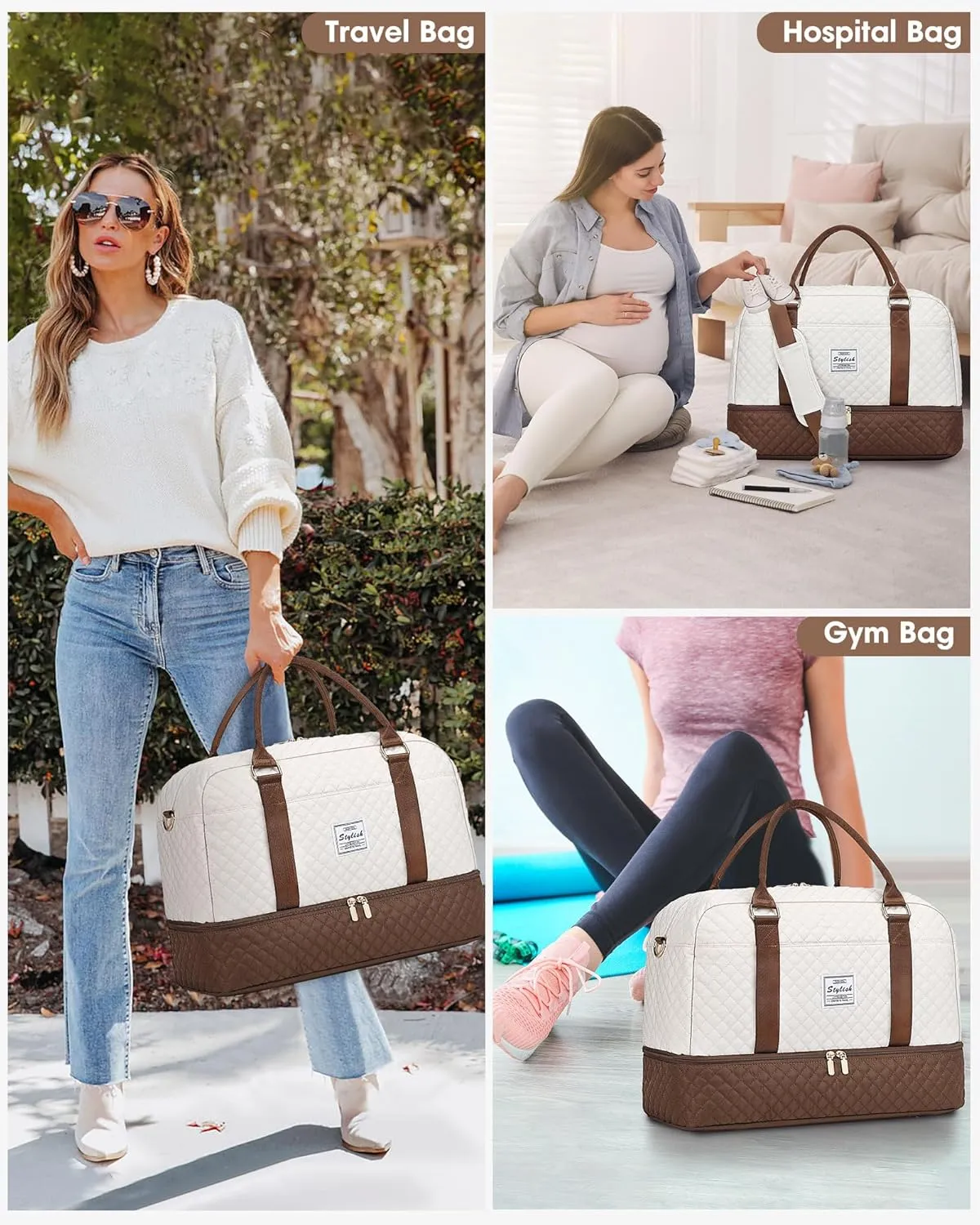 Travel Duffle Bag Weekender for Women: Travel Duffel Bag Carry-On Overnight Bag with Shoe Compartment & Wet Pocket Large Weekend Tote Bag with Toiletry Bags Gym Duffel Bag for Hospital Beige Brown