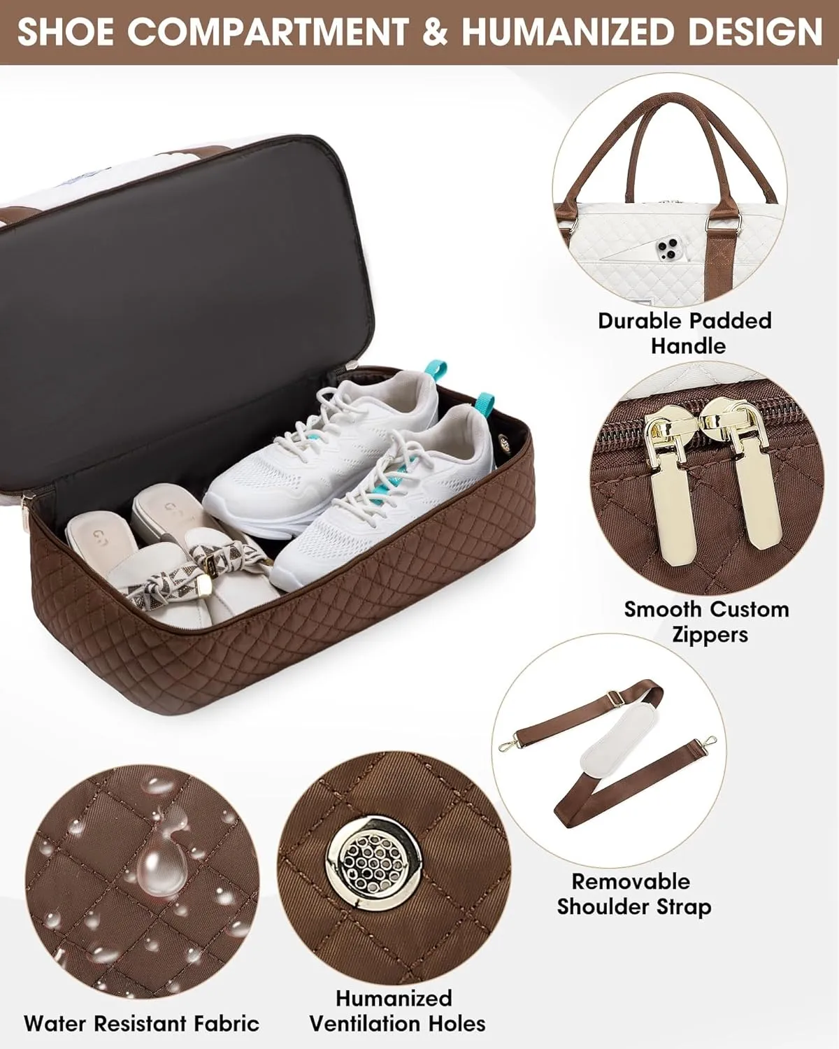 Travel Duffle Bag Weekender for Women: Travel Duffel Bag Carry-On Overnight Bag with Shoe Compartment & Wet Pocket Large Weekend Tote Bag with Toiletry Bags Gym Duffel Bag for Hospital Beige Brown