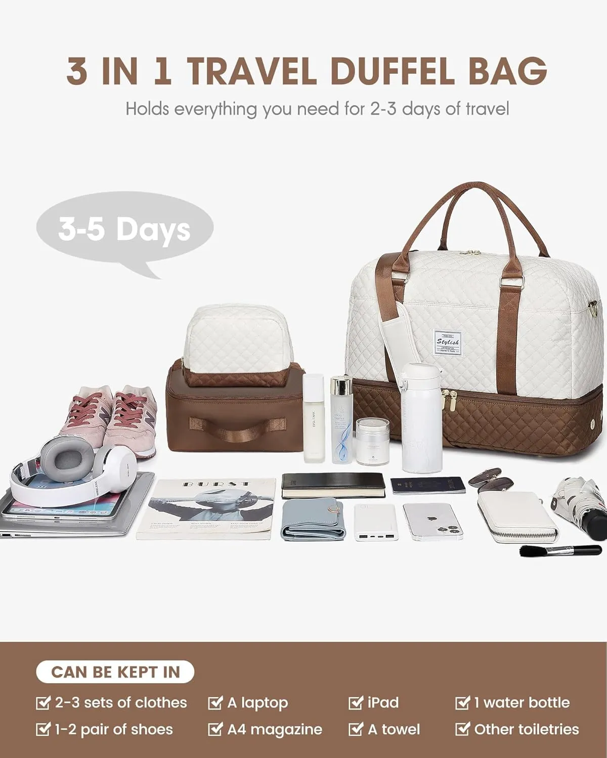 Travel Duffle Bag Weekender for Women: Travel Duffel Bag Carry-On Overnight Bag with Shoe Compartment & Wet Pocket Large Weekend Tote Bag with Toiletry Bags Gym Duffel Bag for Hospital Beige Brown