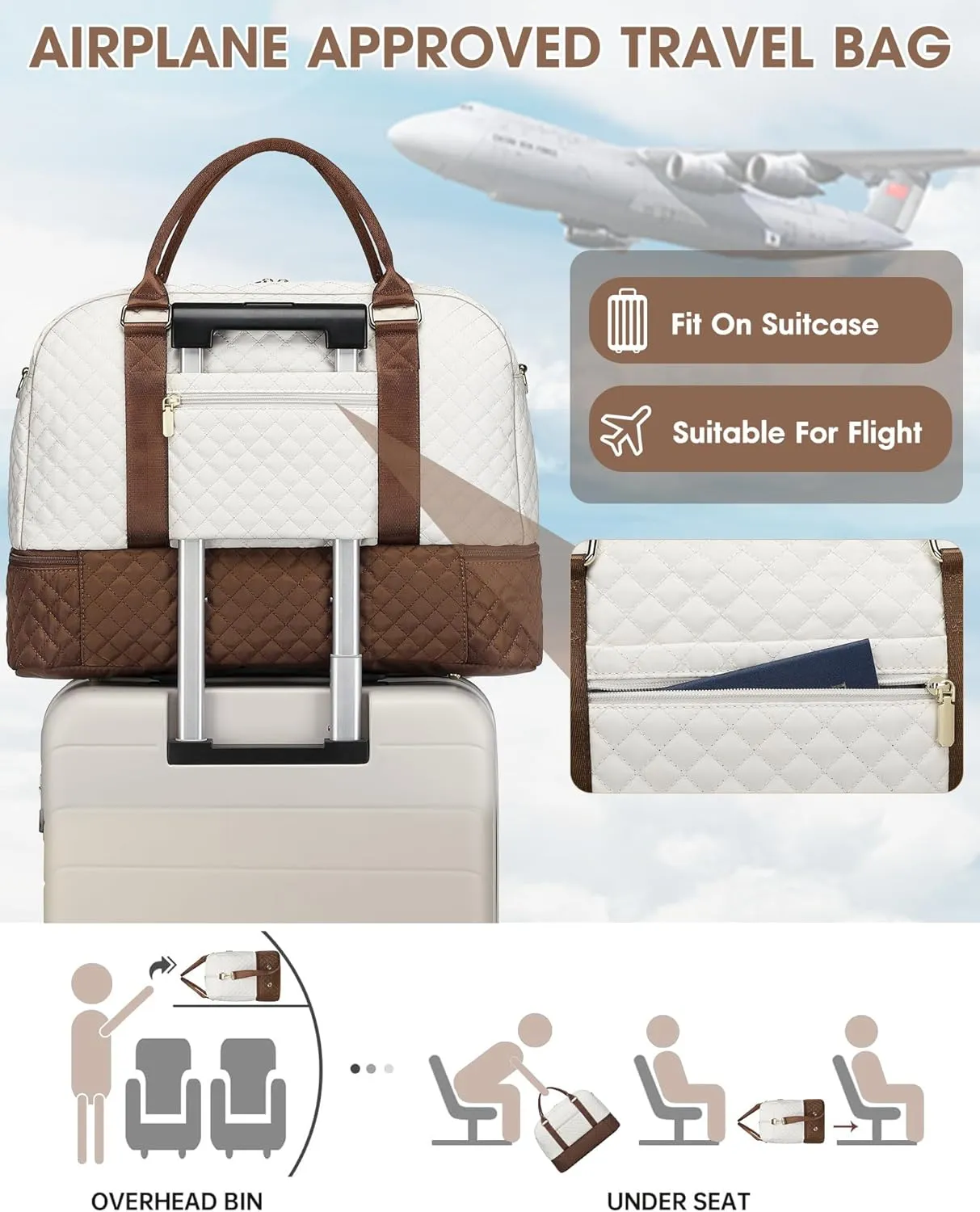 Travel Duffle Bag Weekender for Women: Travel Duffel Bag Carry-On Overnight Bag with Shoe Compartment & Wet Pocket Large Weekend Tote Bag with Toiletry Bags Gym Duffel Bag for Hospital Beige Brown