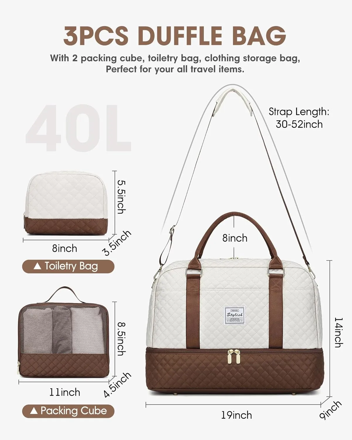 Travel Duffle Bag Weekender for Women: Travel Duffel Bag Carry-On Overnight Bag with Shoe Compartment & Wet Pocket Large Weekend Tote Bag with Toiletry Bags Gym Duffel Bag for Hospital Beige Brown