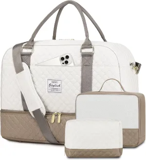 Travel Duffle Bag Weekender for Women: Travel Duffel Carry-On Overnight Bags with Shoe Compartment & Wet Pocket Large Weekend Tote Beige Khaki