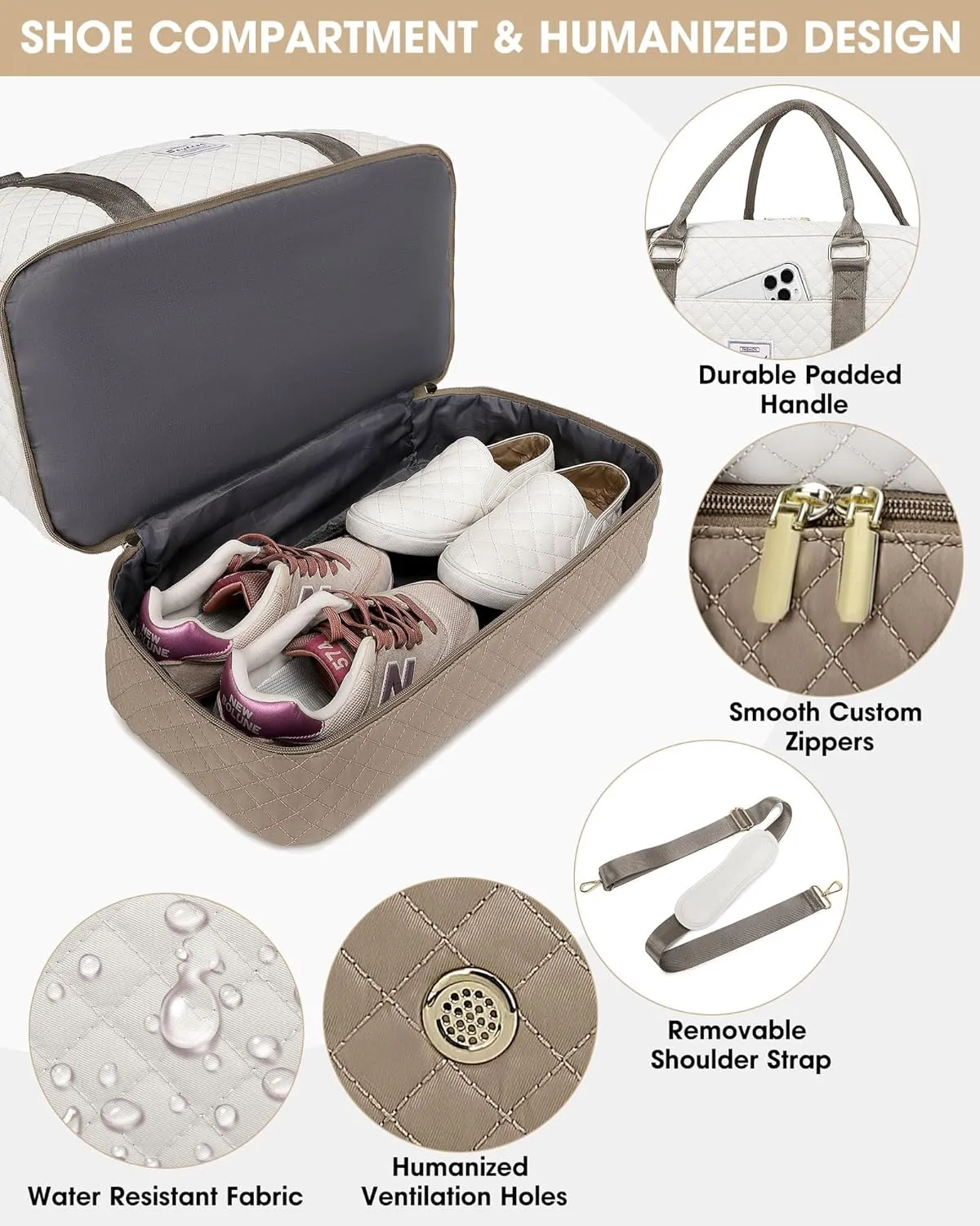 Travel Duffle Bag Weekender for Women: Travel Duffel Carry-On Overnight Bags with Shoe Compartment & Wet Pocket Large Weekend Tote Beige Khaki