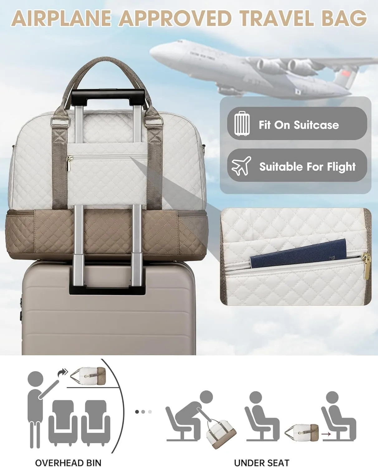 Travel Duffle Bag Weekender for Women: Travel Duffel Carry-On Overnight Bags with Shoe Compartment & Wet Pocket Large Weekend Tote Beige Khaki