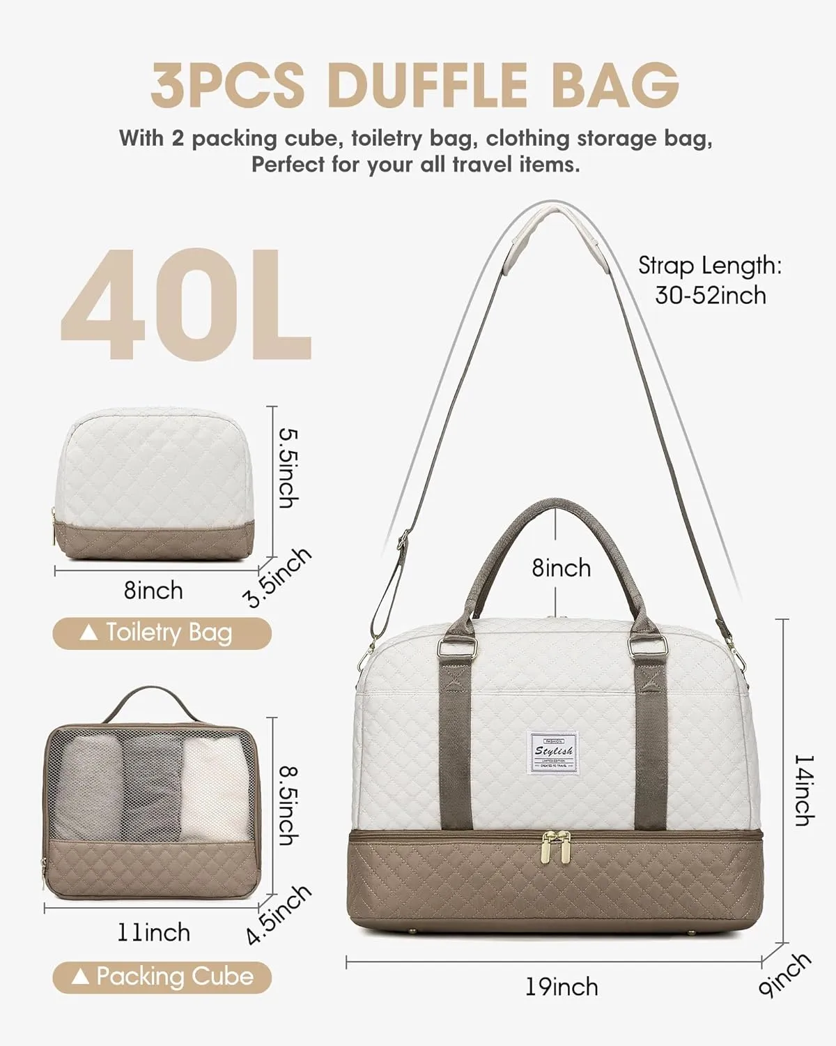 Travel Duffle Bag Weekender for Women: Travel Duffel Carry-On Overnight Bags with Shoe Compartment & Wet Pocket Large Weekend Tote Beige Khaki