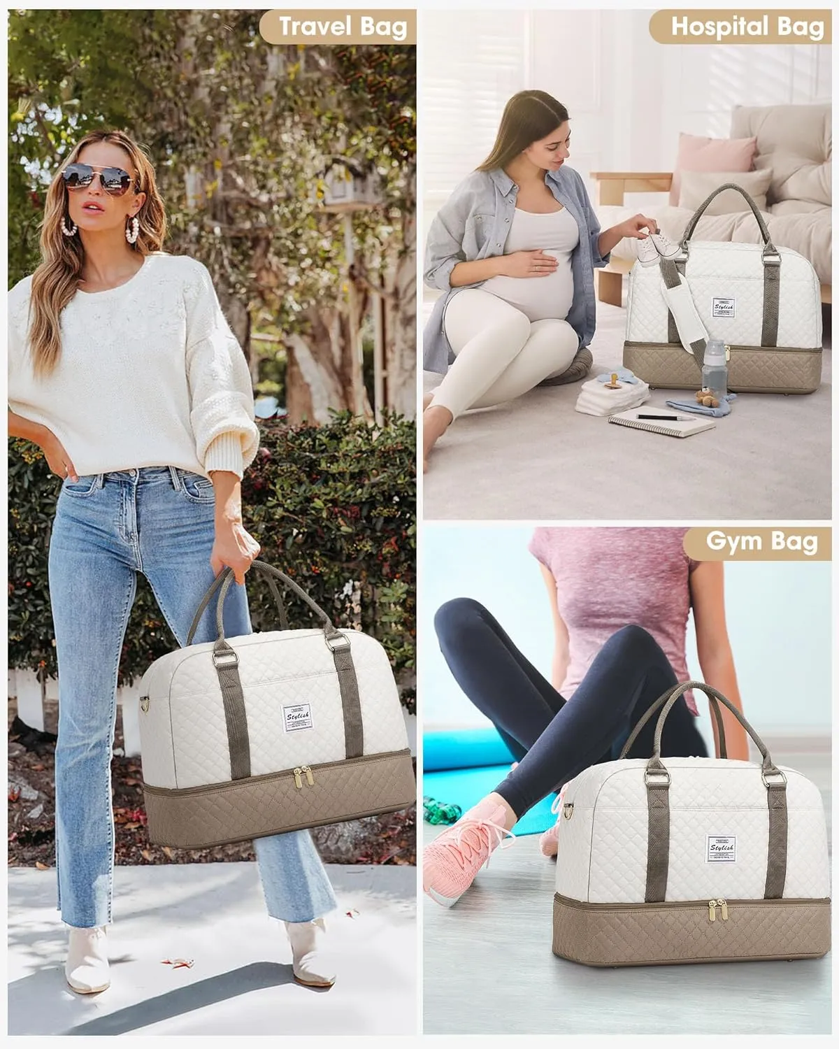 Travel Duffle Bag Weekender for Women: Travel Duffel Carry-On Overnight Bags with Shoe Compartment & Wet Pocket Large Weekend Tote Beige Khaki