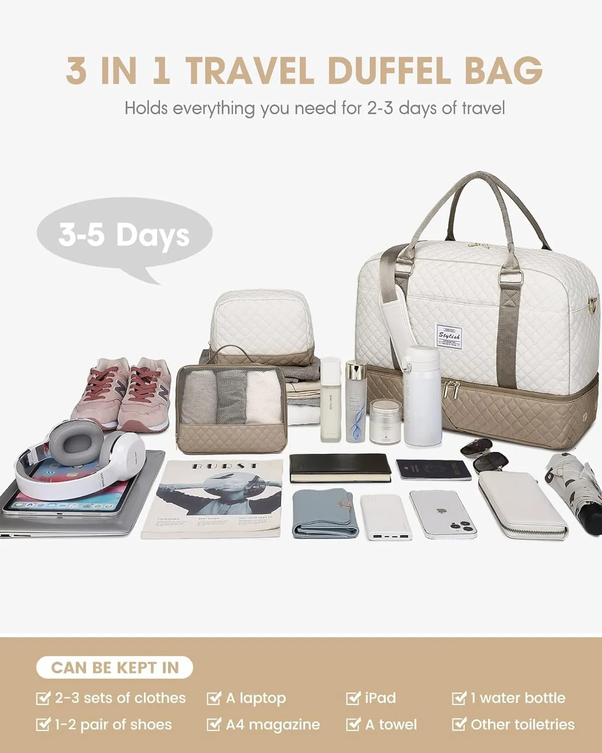 Travel Duffle Bag Weekender for Women: Travel Duffel Carry-On Overnight Bags with Shoe Compartment & Wet Pocket Large Weekend Tote Beige Khaki
