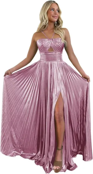 UZN Sparkly Satin Prom Dresses Long Spaghetti Straps Keyhole with Split Formal Party Gowns