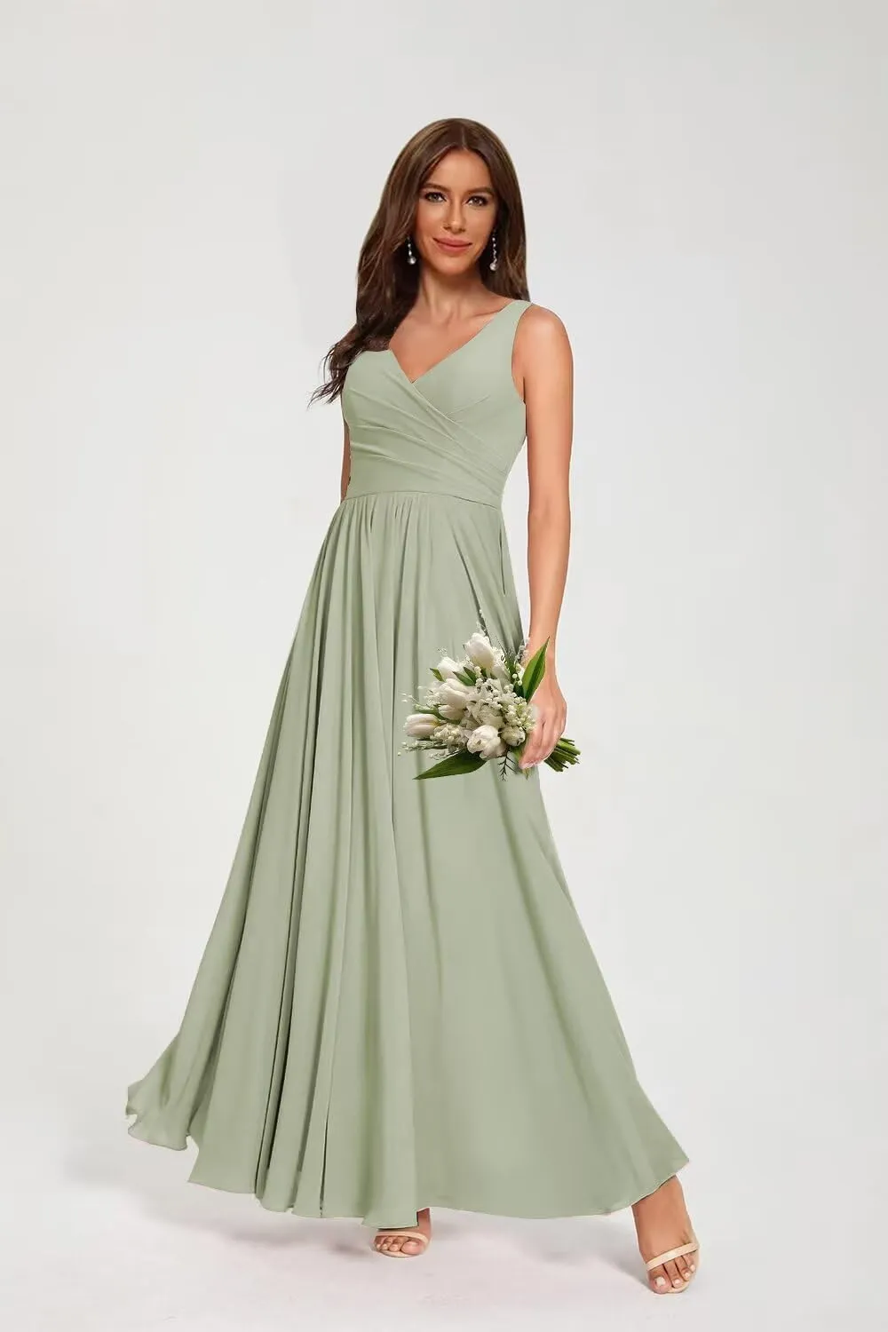 V Neck Chiffon Bridesmaid Dresses for Women A Line Pleated Formal Evening Party Gown