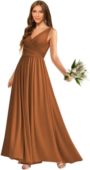 V Neck Chiffon Bridesmaid Dresses for Women A Line Pleated Formal Evening Party Gown