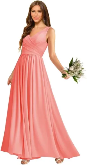 V Neck Chiffon Bridesmaid Dresses for Women A Line Pleated Formal Evening Party Gown