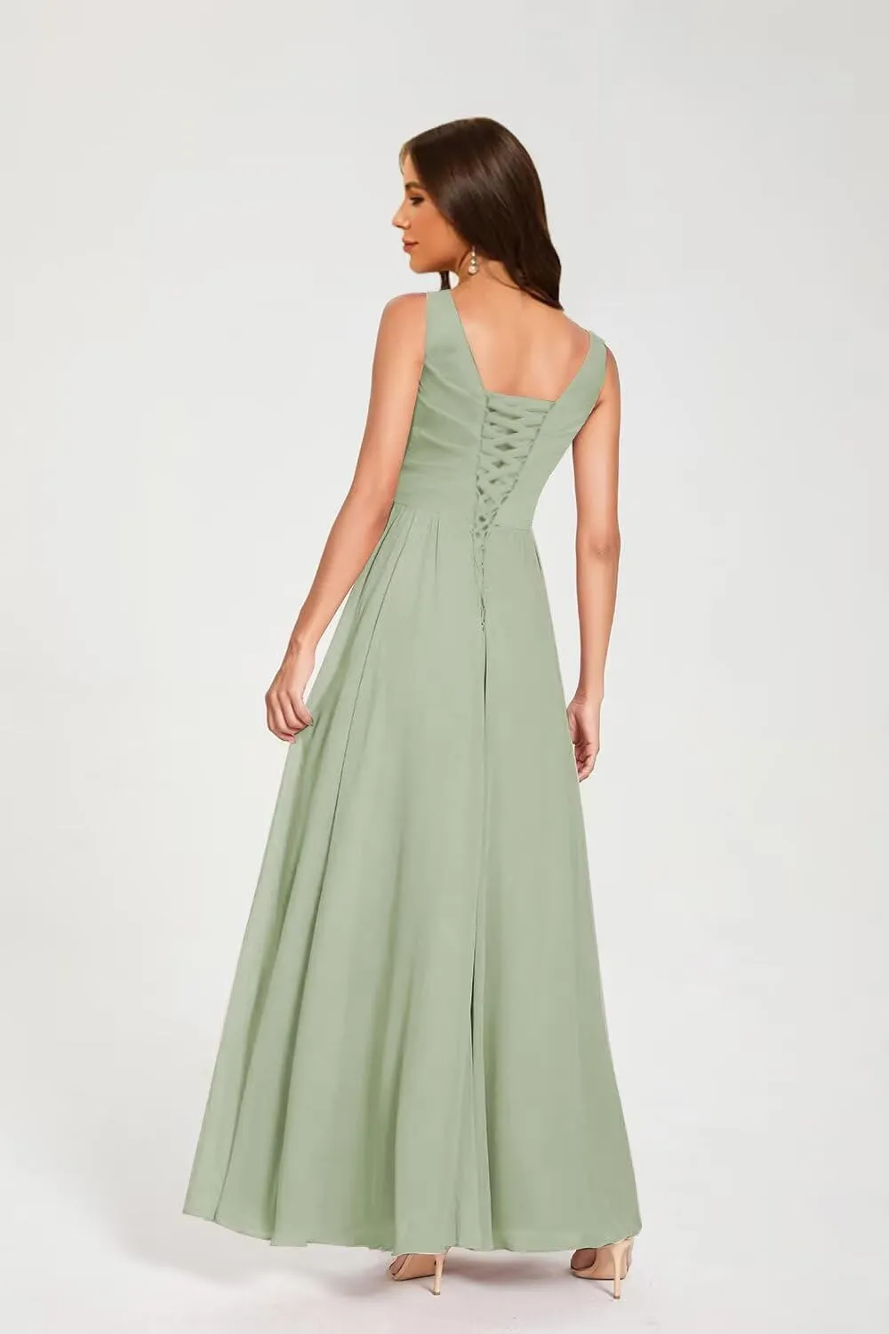 V Neck Chiffon Bridesmaid Dresses for Women A Line Pleated Formal Evening Party Gown