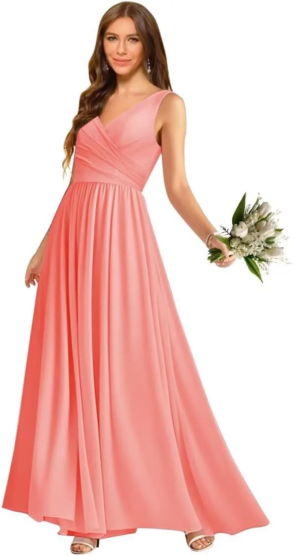 V Neck Chiffon Bridesmaid Dresses for Women A Line Pleated Formal Evening Party Gown